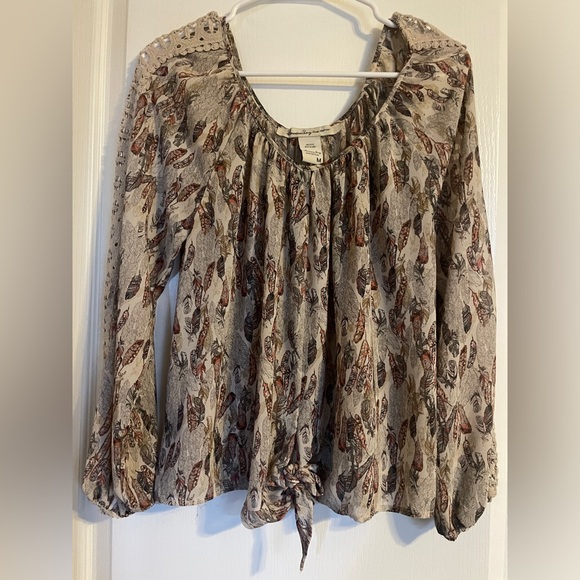 American Rag Cream Feather SheerLong Sleeve Tie‎ Front Blouse M Boho Peasant - Picture 1 of 6